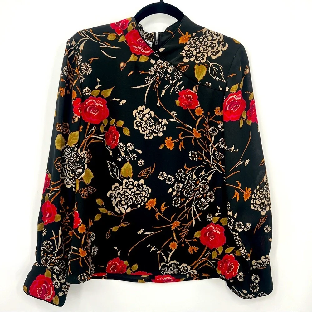 Pendleton Korean Fabric Chinese Asian Floral Black Blouse Top Shirt Size 10 - Picture 4 of 11